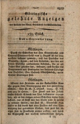 Göttingische gelehrte Anzeigen (Göttingische Zeitungen von gelehrten Sachen) Samstag 2. September 1809