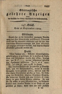 Göttingische gelehrte Anzeigen (Göttingische Zeitungen von gelehrten Sachen) Samstag 16. September 1809