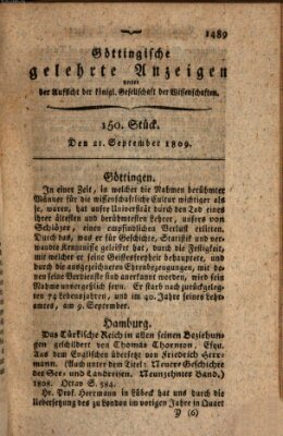 Göttingische gelehrte Anzeigen (Göttingische Zeitungen von gelehrten Sachen) Donnerstag 21. September 1809