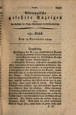 Göttingische gelehrte Anzeigen (Göttingische Zeitungen von gelehrten Sachen) Samstag 23. September 1809