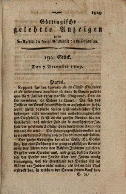 Göttingische gelehrte Anzeigen (Göttingische Zeitungen von gelehrten Sachen) Donnerstag 7. Dezember 1809