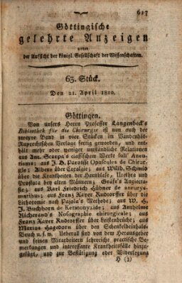 Göttingische gelehrte Anzeigen (Göttingische Zeitungen von gelehrten Sachen) Samstag 21. April 1810