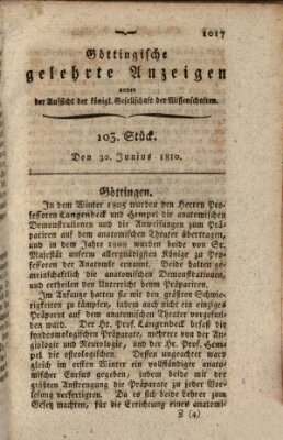 Göttingische gelehrte Anzeigen (Göttingische Zeitungen von gelehrten Sachen) Samstag 30. Juni 1810