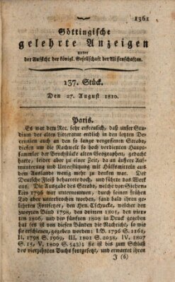 Göttingische gelehrte Anzeigen (Göttingische Zeitungen von gelehrten Sachen) Montag 27. August 1810