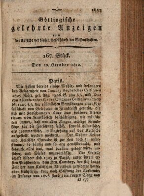 Göttingische gelehrte Anzeigen (Göttingische Zeitungen von gelehrten Sachen) Samstag 20. Oktober 1810