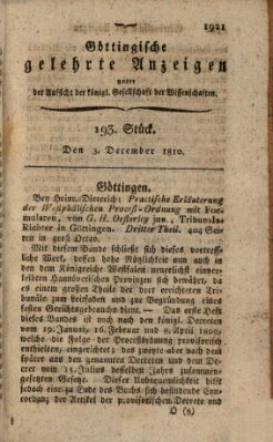 Göttingische gelehrte Anzeigen (Göttingische Zeitungen von gelehrten Sachen) Montag 3. Dezember 1810