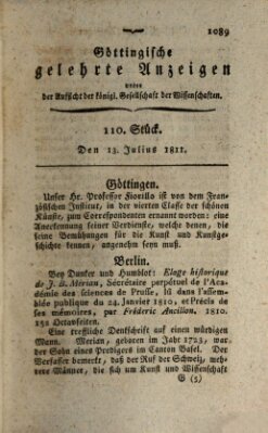 Göttingische gelehrte Anzeigen (Göttingische Zeitungen von gelehrten Sachen) Samstag 13. Juli 1811