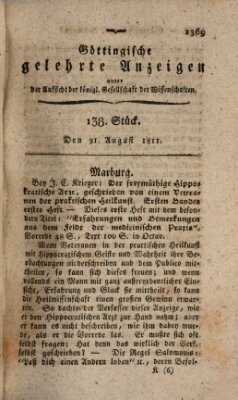 Göttingische gelehrte Anzeigen (Göttingische Zeitungen von gelehrten Sachen) Samstag 31. August 1811