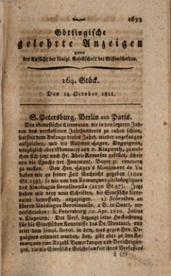 Göttingische gelehrte Anzeigen (Göttingische Zeitungen von gelehrten Sachen) Montag 14. Oktober 1811