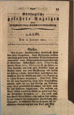 Göttingische gelehrte Anzeigen (Göttingische Zeitungen von gelehrten Sachen) Montag 6. Januar 1812