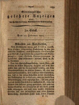 Göttingische gelehrte Anzeigen (Göttingische Zeitungen von gelehrten Sachen) Samstag 22. Februar 1812