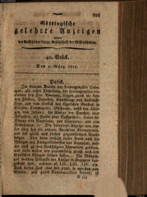 Göttingische gelehrte Anzeigen (Göttingische Zeitungen von gelehrten Sachen) Montag 9. März 1812