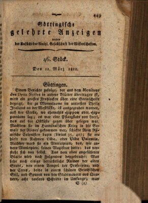 Göttingische gelehrte Anzeigen (Göttingische Zeitungen von gelehrten Sachen) Samstag 21. März 1812