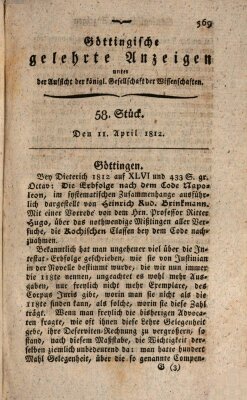 Göttingische gelehrte Anzeigen (Göttingische Zeitungen von gelehrten Sachen) Samstag 11. April 1812