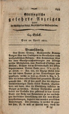 Göttingische gelehrte Anzeigen (Göttingische Zeitungen von gelehrten Sachen) Montag 20. April 1812