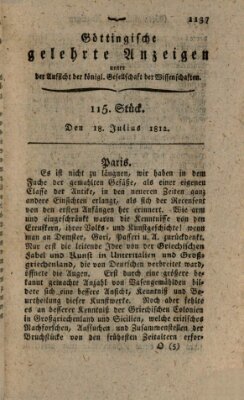 Göttingische gelehrte Anzeigen (Göttingische Zeitungen von gelehrten Sachen) Samstag 18. Juli 1812