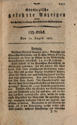 Göttingische gelehrte Anzeigen (Göttingische Zeitungen von gelehrten Sachen) Donnerstag 20. August 1812