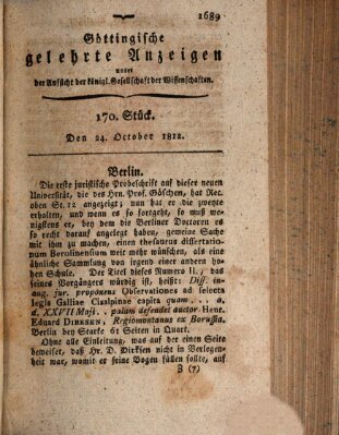 Göttingische gelehrte Anzeigen (Göttingische Zeitungen von gelehrten Sachen) Samstag 24. Oktober 1812