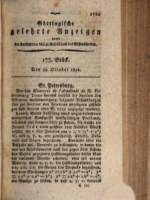 Göttingische gelehrte Anzeigen (Göttingische Zeitungen von gelehrten Sachen) Donnerstag 29. Oktober 1812