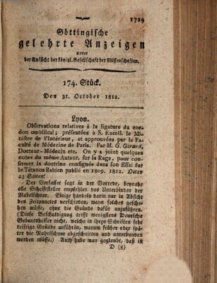 Göttingische gelehrte Anzeigen (Göttingische Zeitungen von gelehrten Sachen) Samstag 31. Oktober 1812