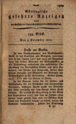 Göttingische gelehrte Anzeigen (Göttingische Zeitungen von gelehrten Sachen) Samstag 5. Dezember 1812