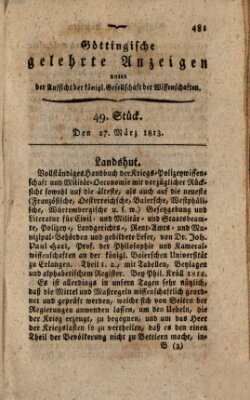 Göttingische gelehrte Anzeigen (Göttingische Zeitungen von gelehrten Sachen) Samstag 27. März 1813