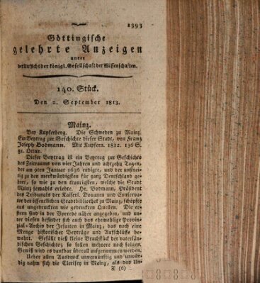 Göttingische gelehrte Anzeigen (Göttingische Zeitungen von gelehrten Sachen) Donnerstag 2. September 1813