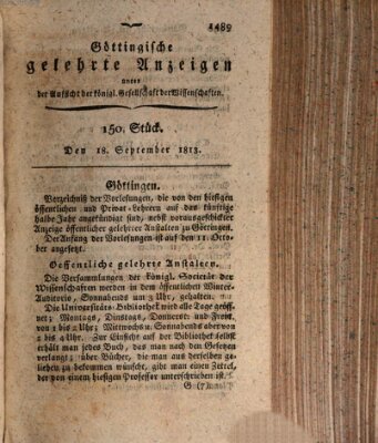 Göttingische gelehrte Anzeigen (Göttingische Zeitungen von gelehrten Sachen) Samstag 18. September 1813