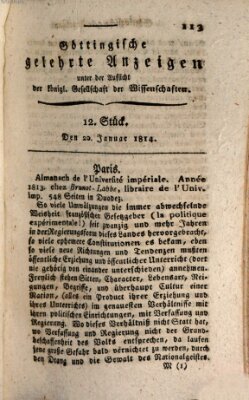 Göttingische gelehrte Anzeigen (Göttingische Zeitungen von gelehrten Sachen) Donnerstag 20. Januar 1814