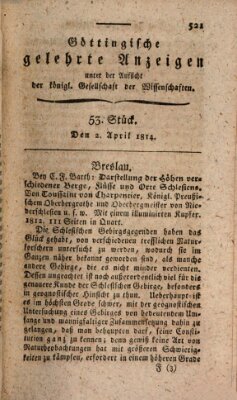 Göttingische gelehrte Anzeigen (Göttingische Zeitungen von gelehrten Sachen) Samstag 2. April 1814