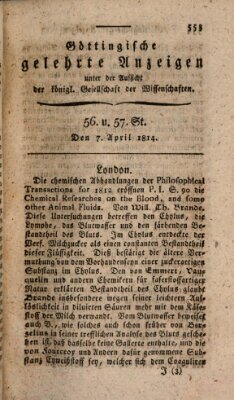 Göttingische gelehrte Anzeigen (Göttingische Zeitungen von gelehrten Sachen) Donnerstag 7. April 1814