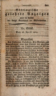 Göttingische gelehrte Anzeigen (Göttingische Zeitungen von gelehrten Sachen) Samstag 16. April 1814