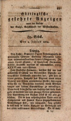 Göttingische gelehrte Anzeigen (Göttingische Zeitungen von gelehrten Sachen) Samstag 4. Juni 1814