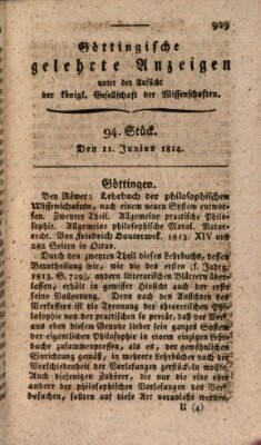 Göttingische gelehrte Anzeigen (Göttingische Zeitungen von gelehrten Sachen) Samstag 11. Juni 1814