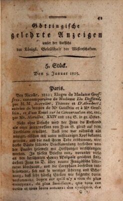 Göttingische gelehrte Anzeigen (Göttingische Zeitungen von gelehrten Sachen) Montag 9. Januar 1815