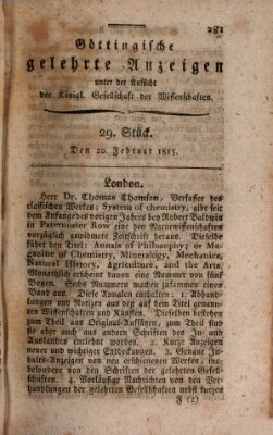 Göttingische gelehrte Anzeigen (Göttingische Zeitungen von gelehrten Sachen) Montag 20. Februar 1815