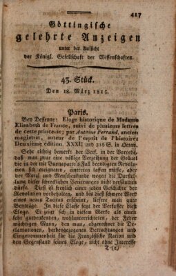 Göttingische gelehrte Anzeigen (Göttingische Zeitungen von gelehrten Sachen) Samstag 18. März 1815