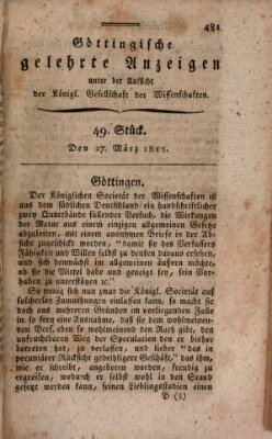 Göttingische gelehrte Anzeigen (Göttingische Zeitungen von gelehrten Sachen) Montag 27. März 1815