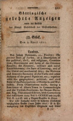 Göttingische gelehrte Anzeigen (Göttingische Zeitungen von gelehrten Sachen) Montag 3. April 1815