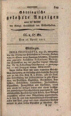 Göttingische gelehrte Anzeigen (Göttingische Zeitungen von gelehrten Sachen) Donnerstag 27. April 1815