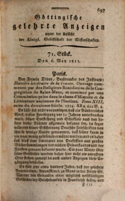 Göttingische gelehrte Anzeigen (Göttingische Zeitungen von gelehrten Sachen) Samstag 6. Mai 1815