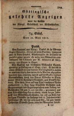 Göttingische gelehrte Anzeigen (Göttingische Zeitungen von gelehrten Sachen) Donnerstag 11. Mai 1815