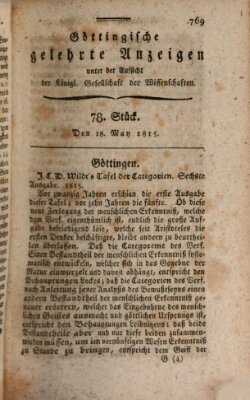 Göttingische gelehrte Anzeigen (Göttingische Zeitungen von gelehrten Sachen) Donnerstag 18. Mai 1815