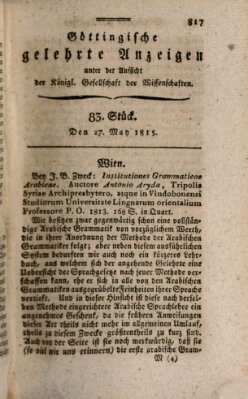 Göttingische gelehrte Anzeigen (Göttingische Zeitungen von gelehrten Sachen) Samstag 27. Mai 1815