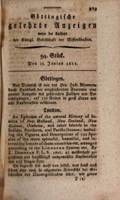 Göttingische gelehrte Anzeigen (Göttingische Zeitungen von gelehrten Sachen) Donnerstag 15. Juni 1815