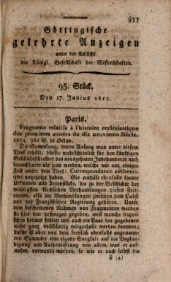 Göttingische gelehrte Anzeigen (Göttingische Zeitungen von gelehrten Sachen) Samstag 17. Juni 1815