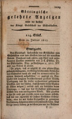 Göttingische gelehrte Anzeigen (Göttingische Zeitungen von gelehrten Sachen) Donnerstag 20. Juli 1815