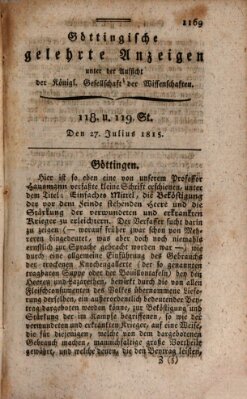 Göttingische gelehrte Anzeigen (Göttingische Zeitungen von gelehrten Sachen) Donnerstag 27. Juli 1815