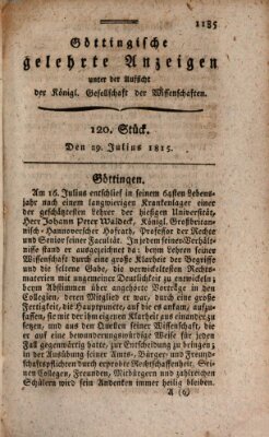 Göttingische gelehrte Anzeigen (Göttingische Zeitungen von gelehrten Sachen) Samstag 29. Juli 1815