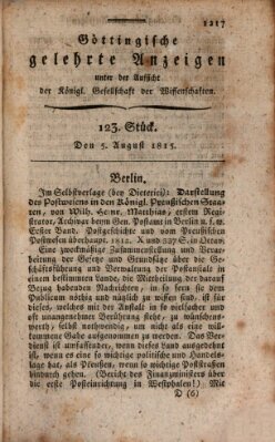 Göttingische gelehrte Anzeigen (Göttingische Zeitungen von gelehrten Sachen) Samstag 5. August 1815